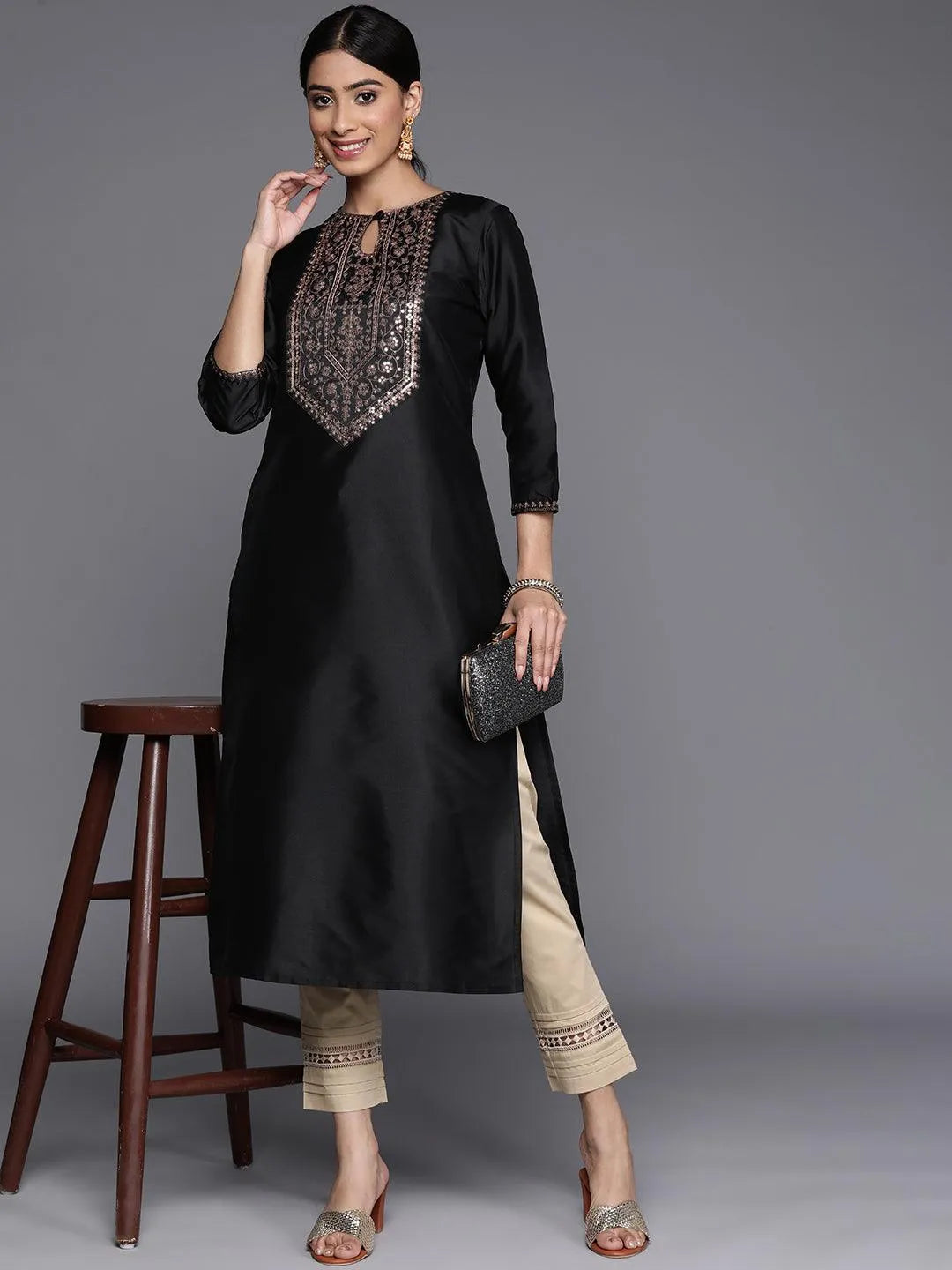 Black Yoke Design Silk Straight Kurta - Libas 