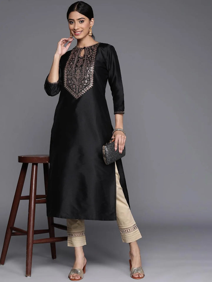 Black Yoke Design Silk Straight Kurta - Libas