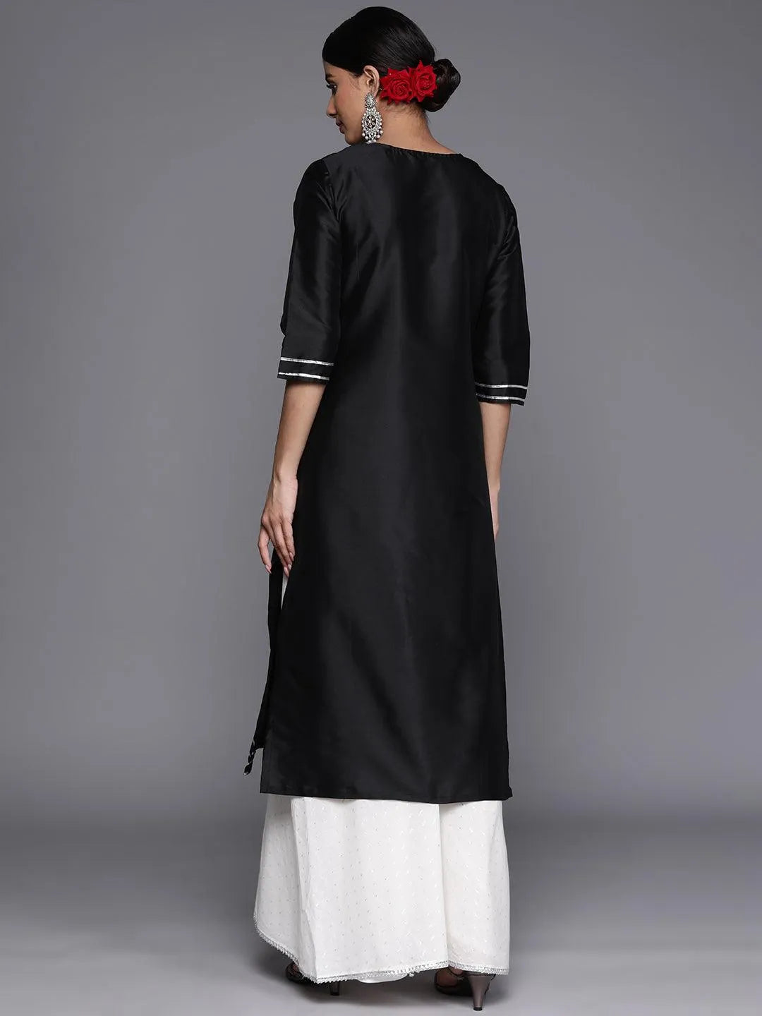 Black Yoke Design Silk Straight Kurta - Libas 