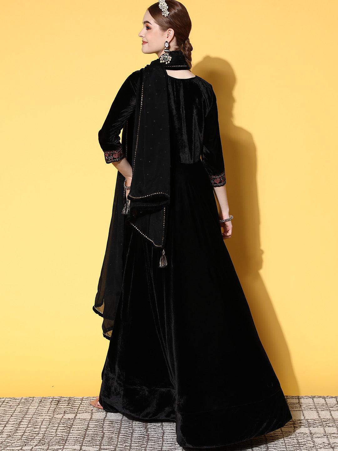 Black Yoke Design Velvet Anarkali Kurta With Churidar & Dupatta
