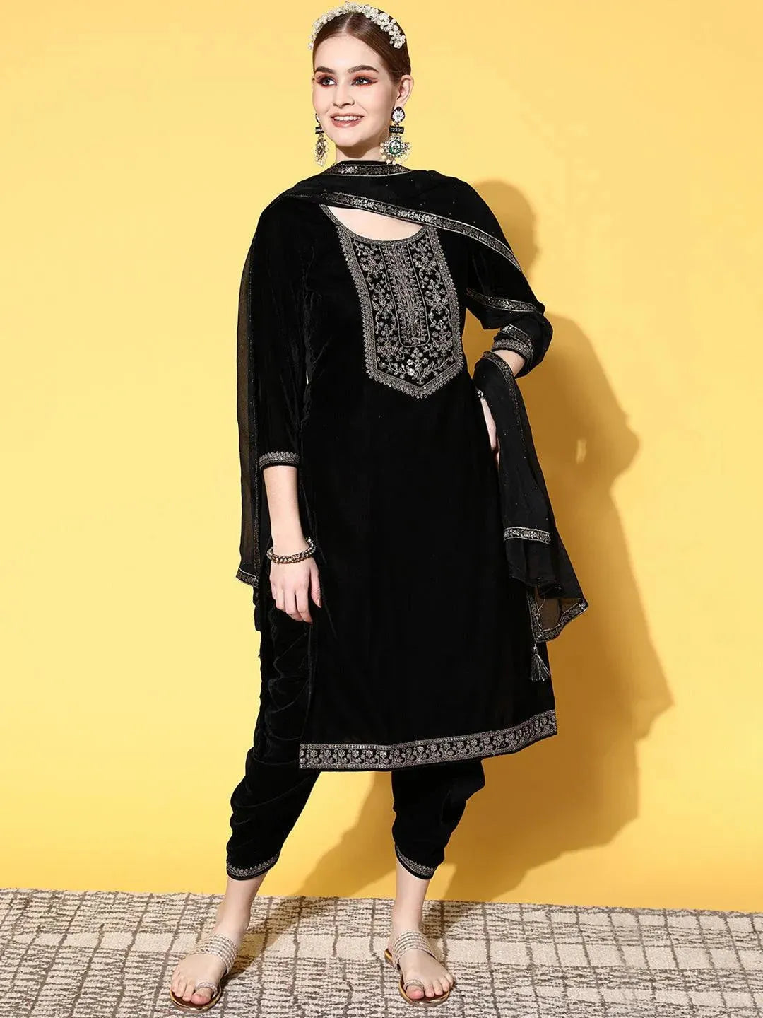 Black Yoke Design Velvet Straight Suit Set - Libas 