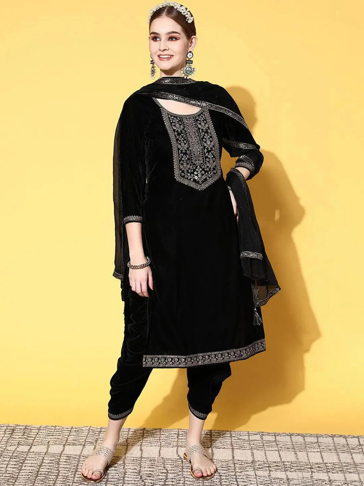 Black Yoke Design Velvet Straight Suit Set - Libas