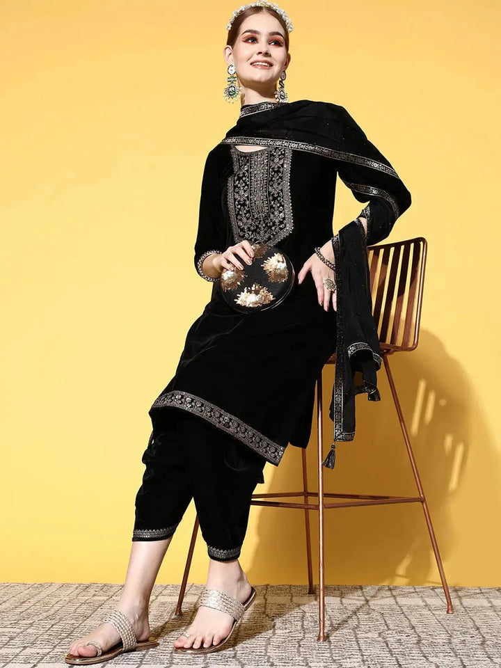 Black Yoke Design Velvet Straight Suit Set - Libas