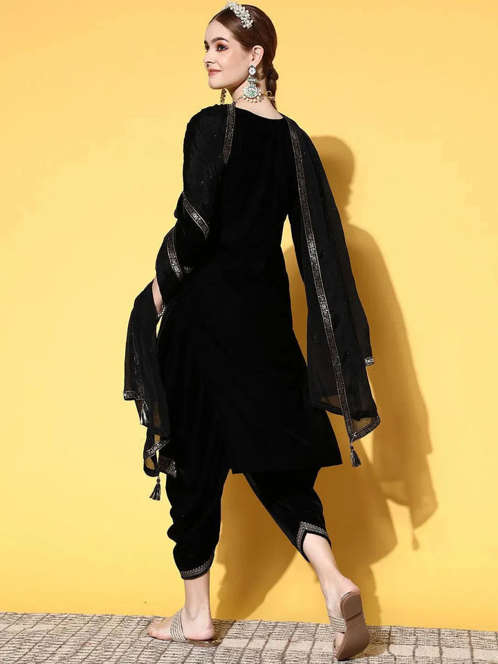 Black Yoke Design Velvet Straight Suit Set - Libas