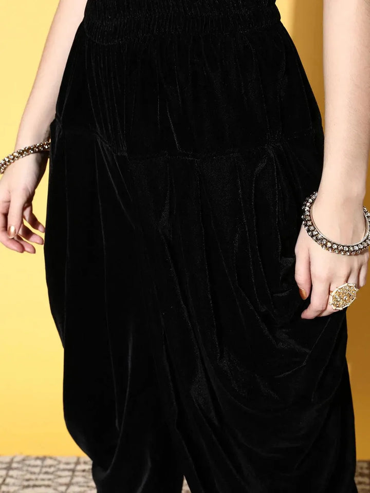 Black Yoke Design Velvet Straight Suit Set - Libas