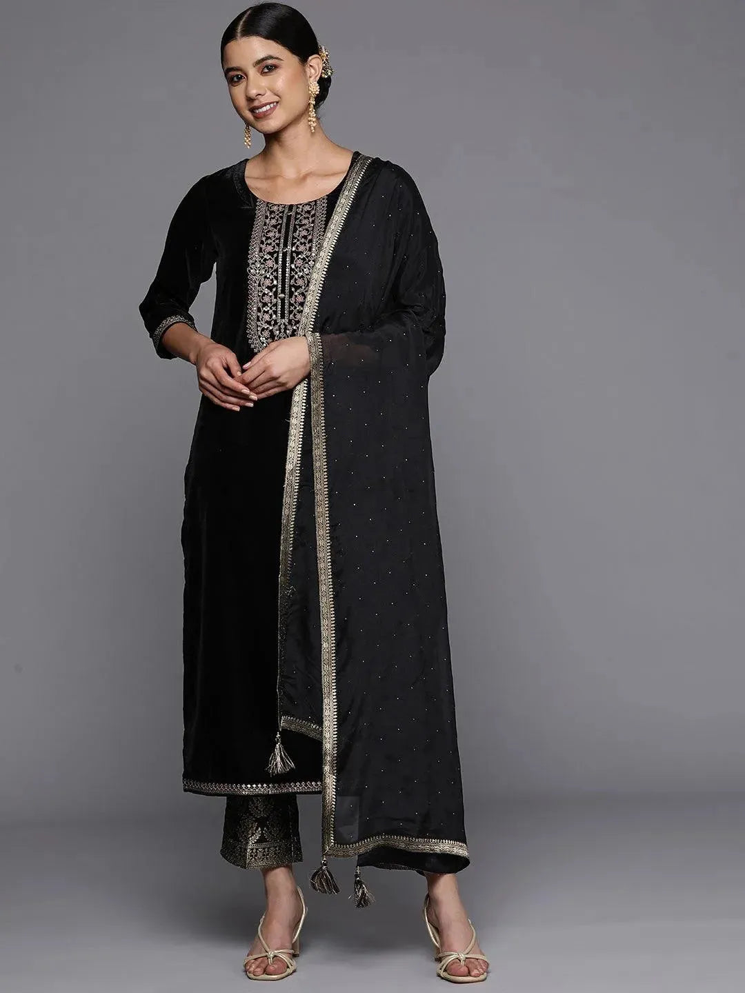 Black Yoke Design Velvet Straight Suit Set - Libas