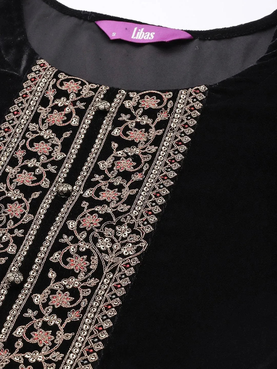 Black Yoke Design Velvet Straight Suit Set - Libas 