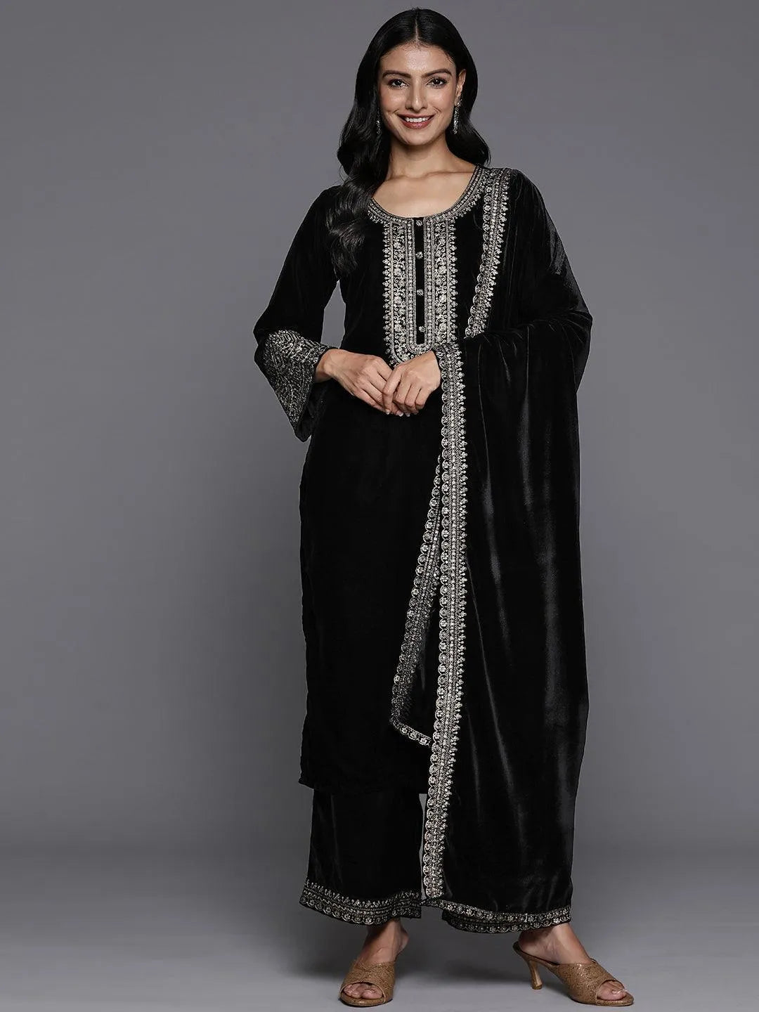 Black Yoke Design Velvet Straight Kurta With Palazzos & Dupatta - Libas