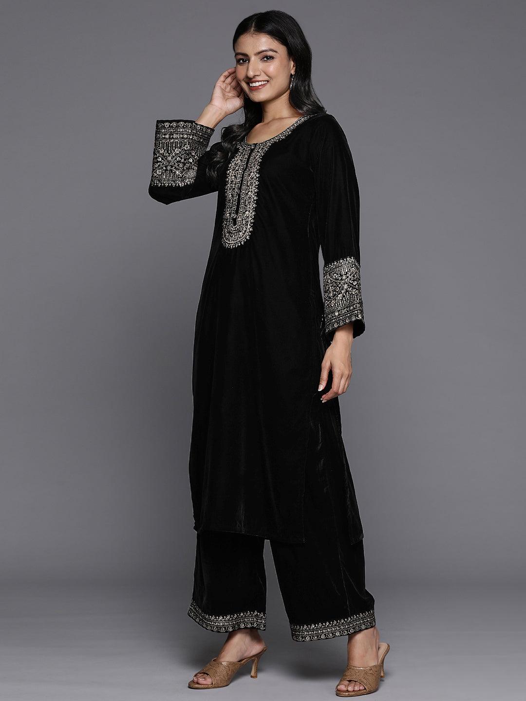 Black Yoke Design Velvet Straight Suit With Dupatta