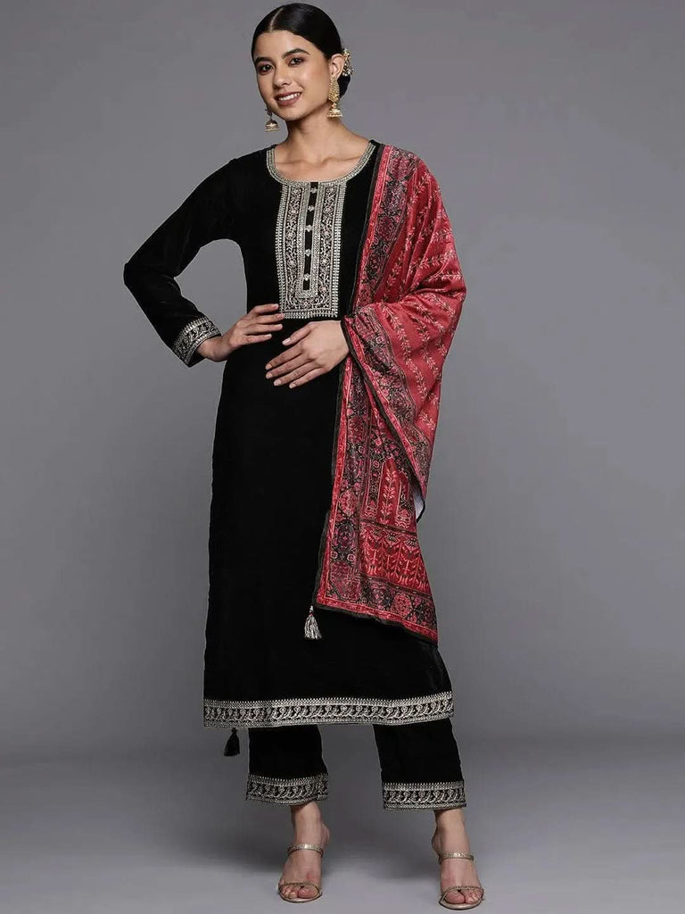 Libas Black Yoke Design Velvet Straight Kurta With Trousers & Dupatta