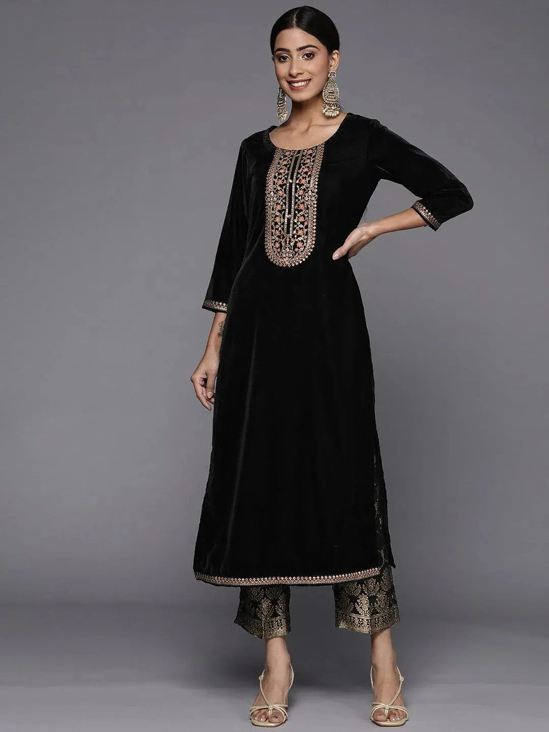 Black Yoke Design Velvet Straight Kurta Set - Libas