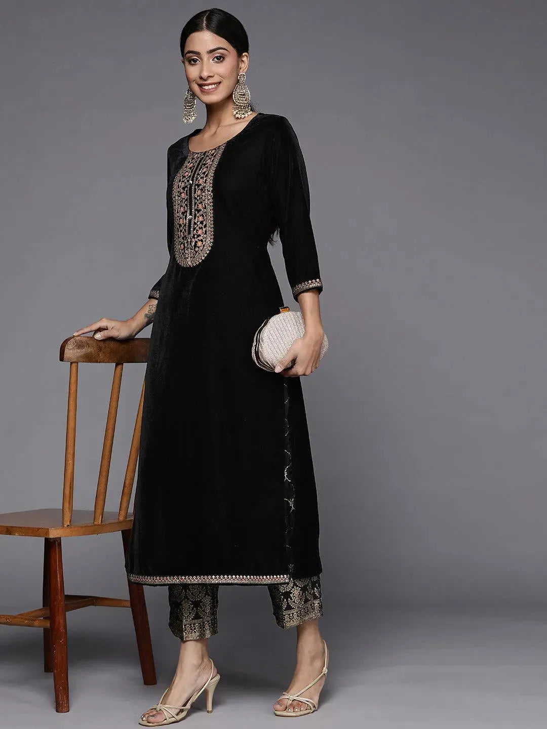 Black Yoke Design Velvet Straight Kurta Set - Libas 