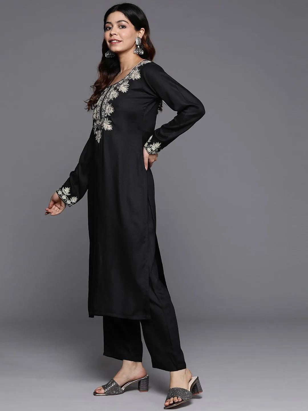 Black Yoke Design Wool Blend Straight Kurta With Palazzos - Libas 