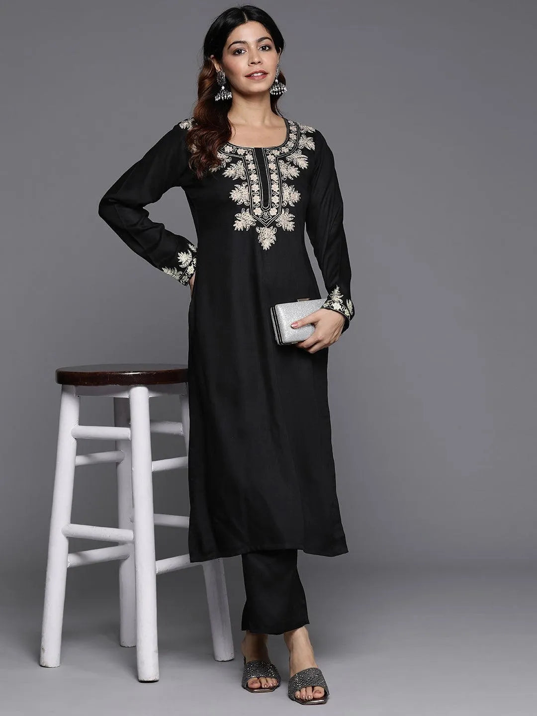 Black Yoke Design Wool Blend Straight Kurta With Palazzos - Libas 