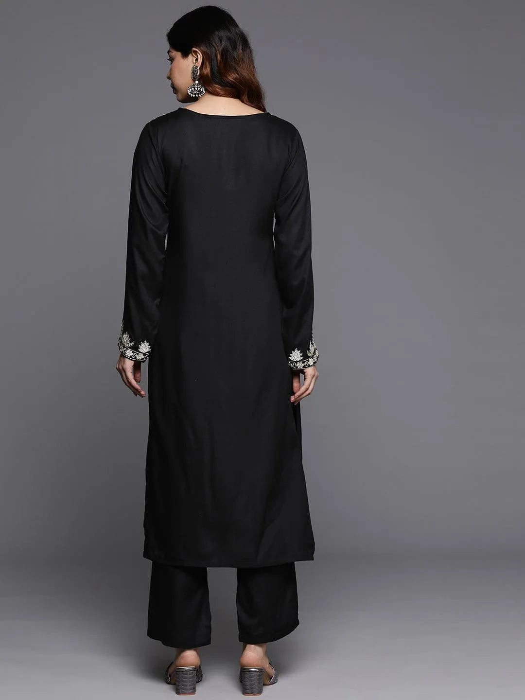 Black Yoke Design Wool Blend Straight Kurta With Palazzos - Libas 