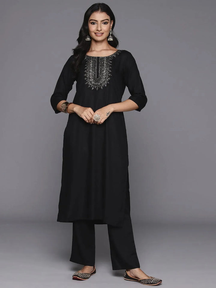 Black Yoke Design Wool Blend Straight Kurta With Trousers - Libas