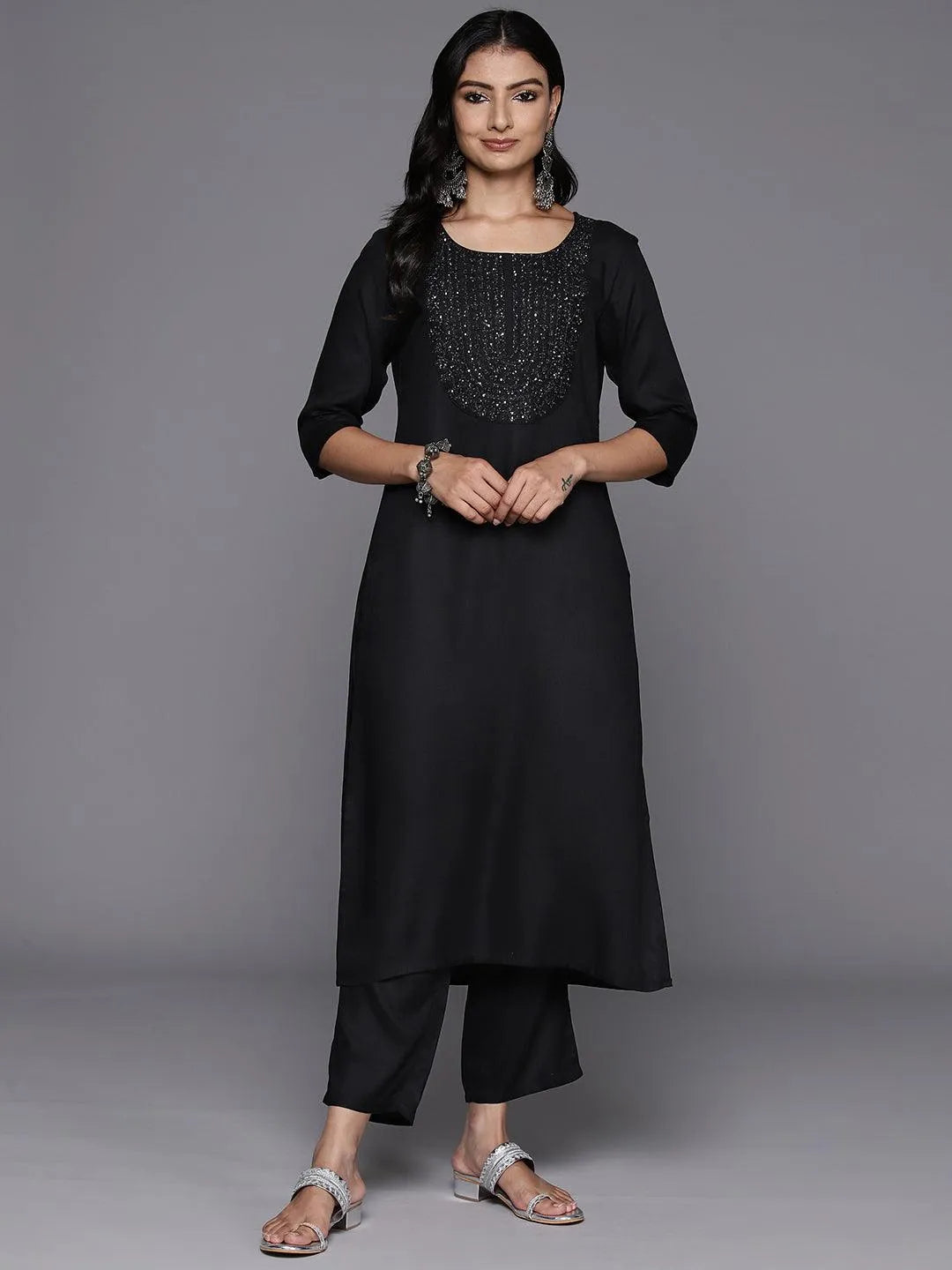 Black Yoke Design Wool Blend Straight Kurta With Trousers - Libas