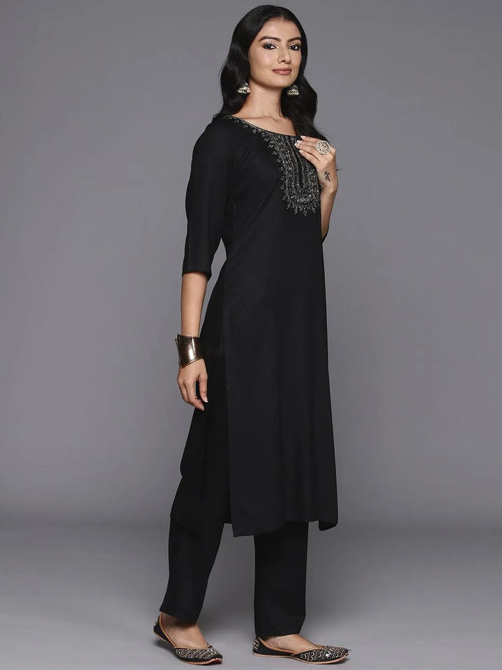 Black Yoke Design Wool Blend Straight Kurta With Trousers - Libas