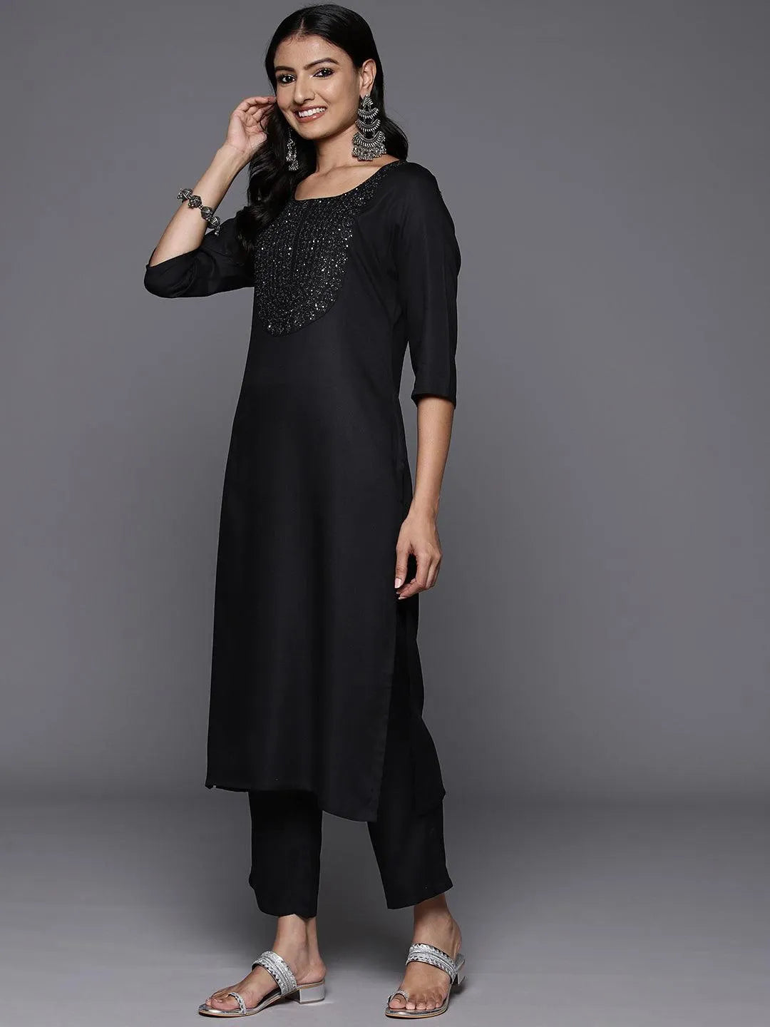 Black Yoke Design Wool Blend Straight Kurta With Trousers - Libas 