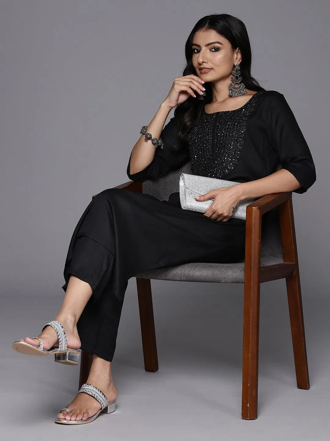 Black Yoke Design Wool Blend Straight Kurta With Trousers - Libas 