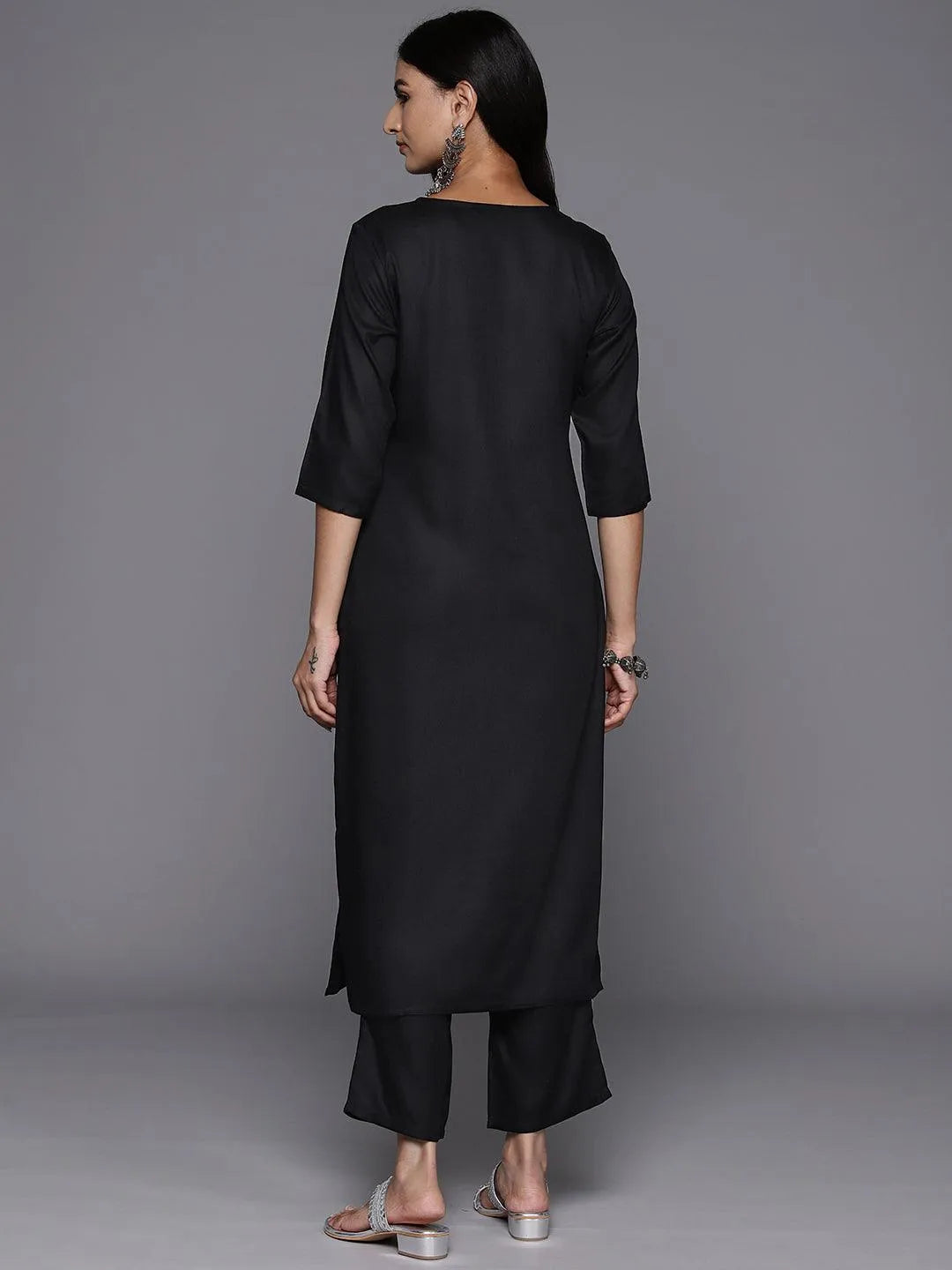 Black Yoke Design Wool Blend Straight Kurta With Trousers - Libas 