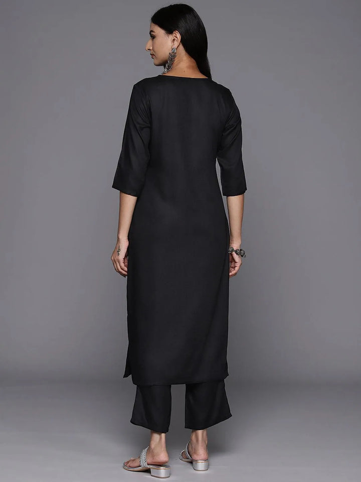 Black Yoke Design Wool Blend Straight Kurta With Trousers - Libas