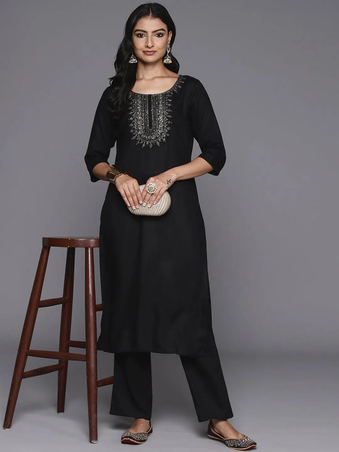 Black Yoke Design Wool Blend Straight Kurta With Trousers - Libas 
