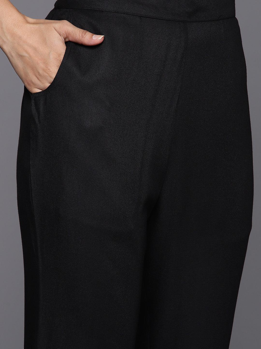 Black Yoke Design Wool Blend Straight Kurta With Trousers - Libas