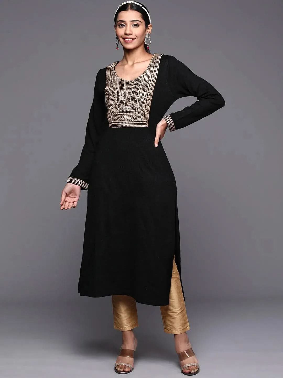Black Yoke Design Wool Straight Kurta - Libas 