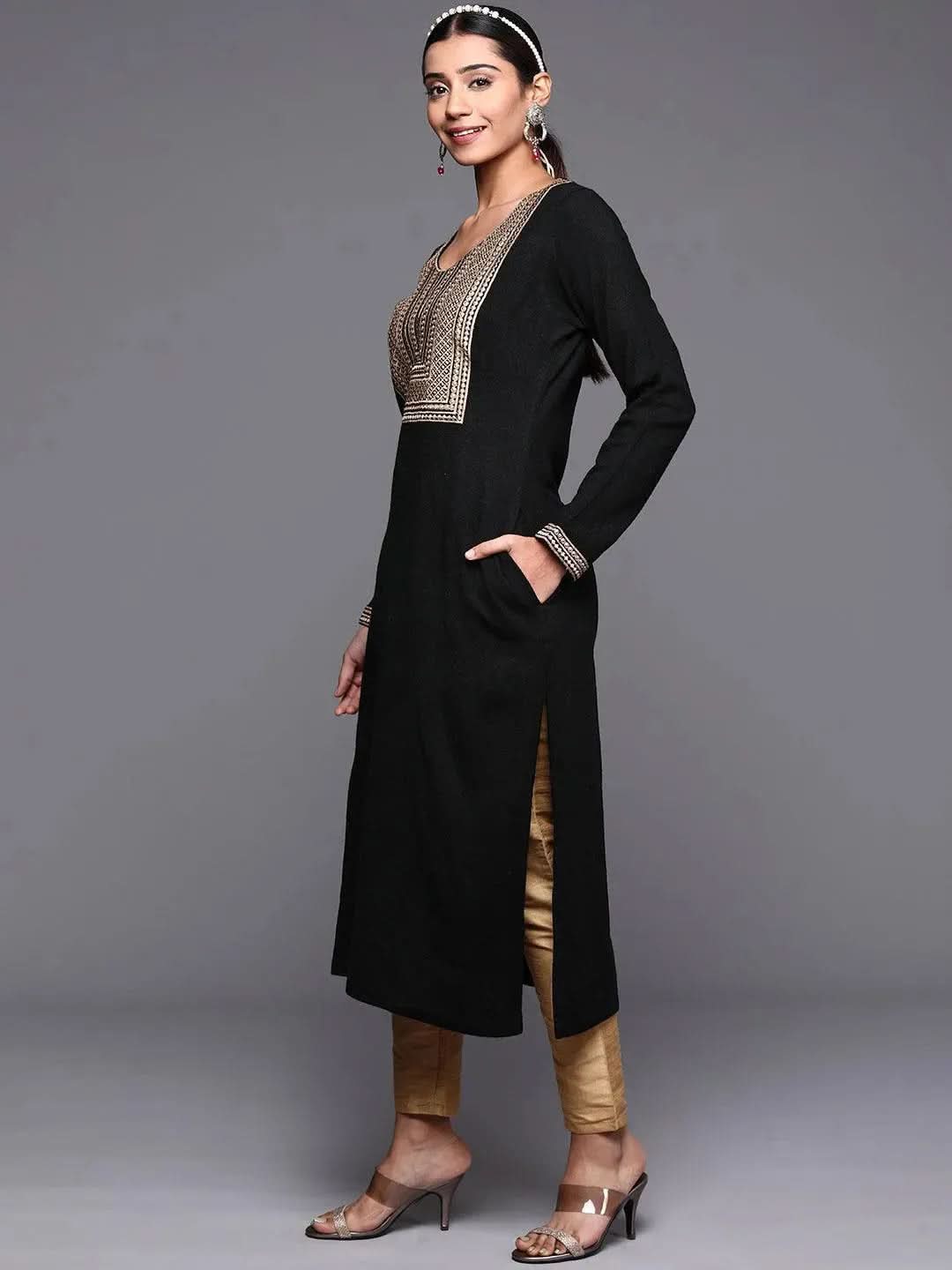 Black Yoke Design Wool Straight Kurta - Libas 