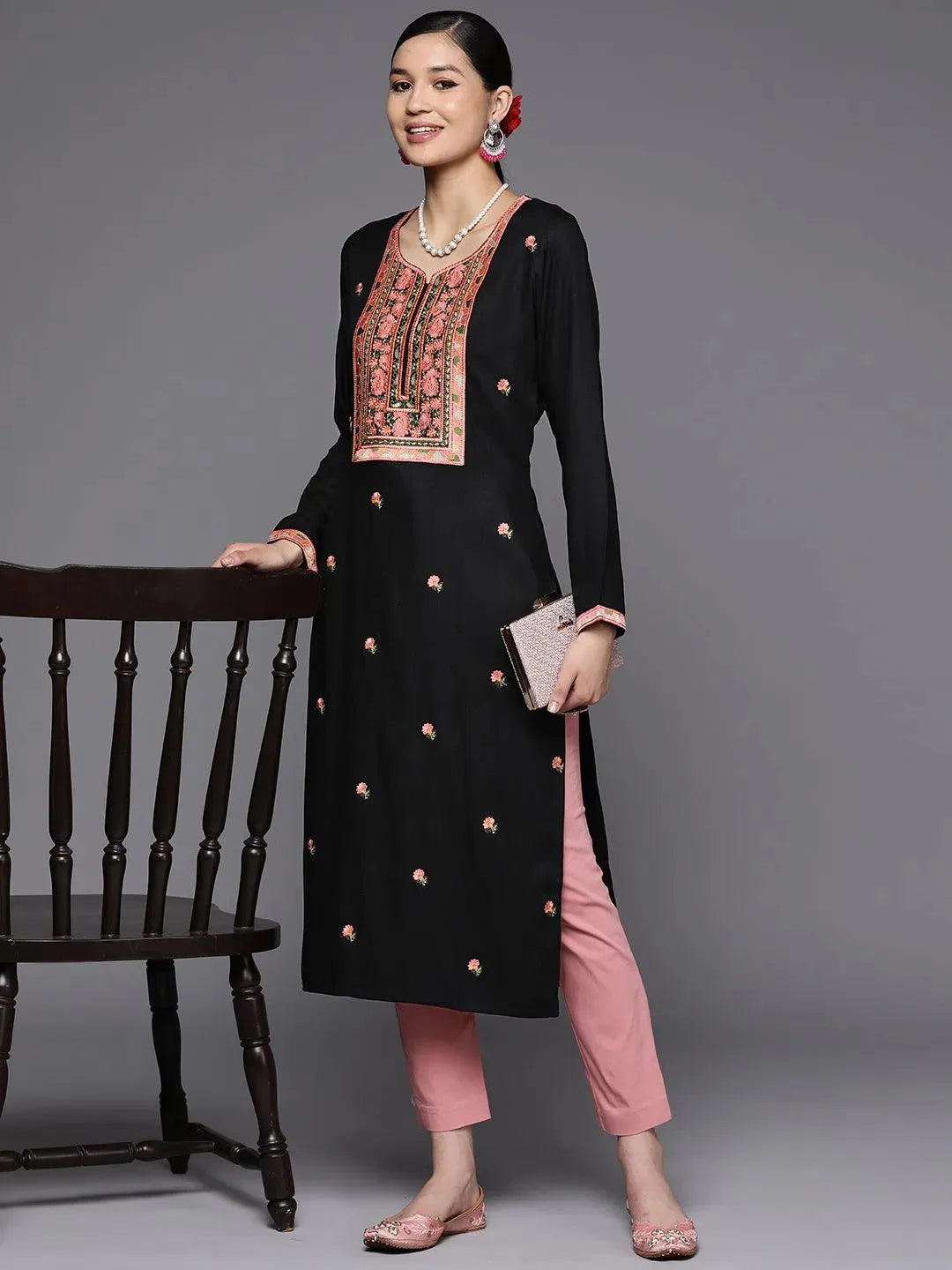Black Yoke Design Wool Straight Kurta - Libas 