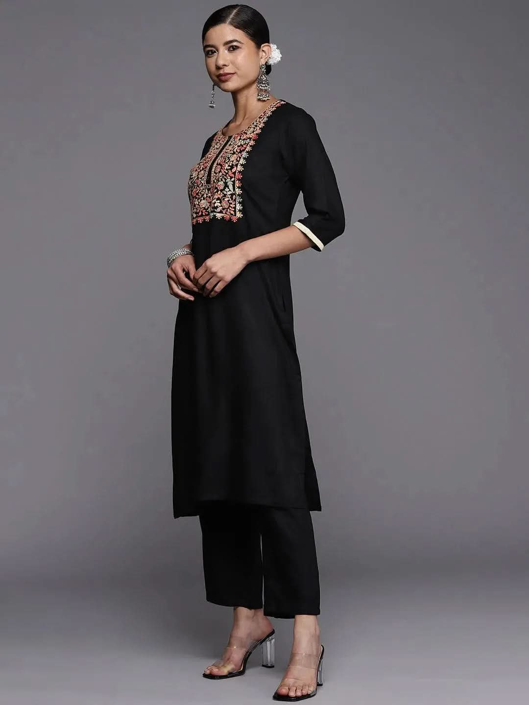 Black Yoke Design Wool Straight Kurta - Libas 