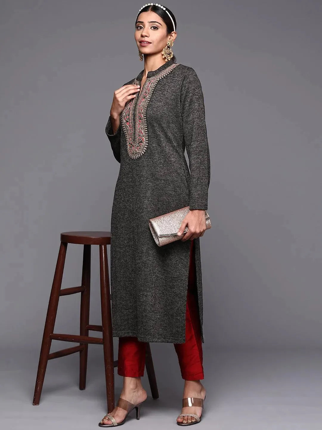 Black Yoke Design Wool Straight Kurta - Libas 