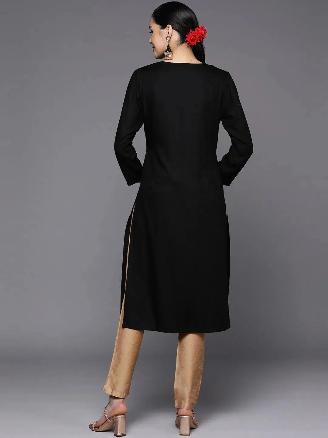 Black Yoke Design Wool Straight Kurta - Libas 