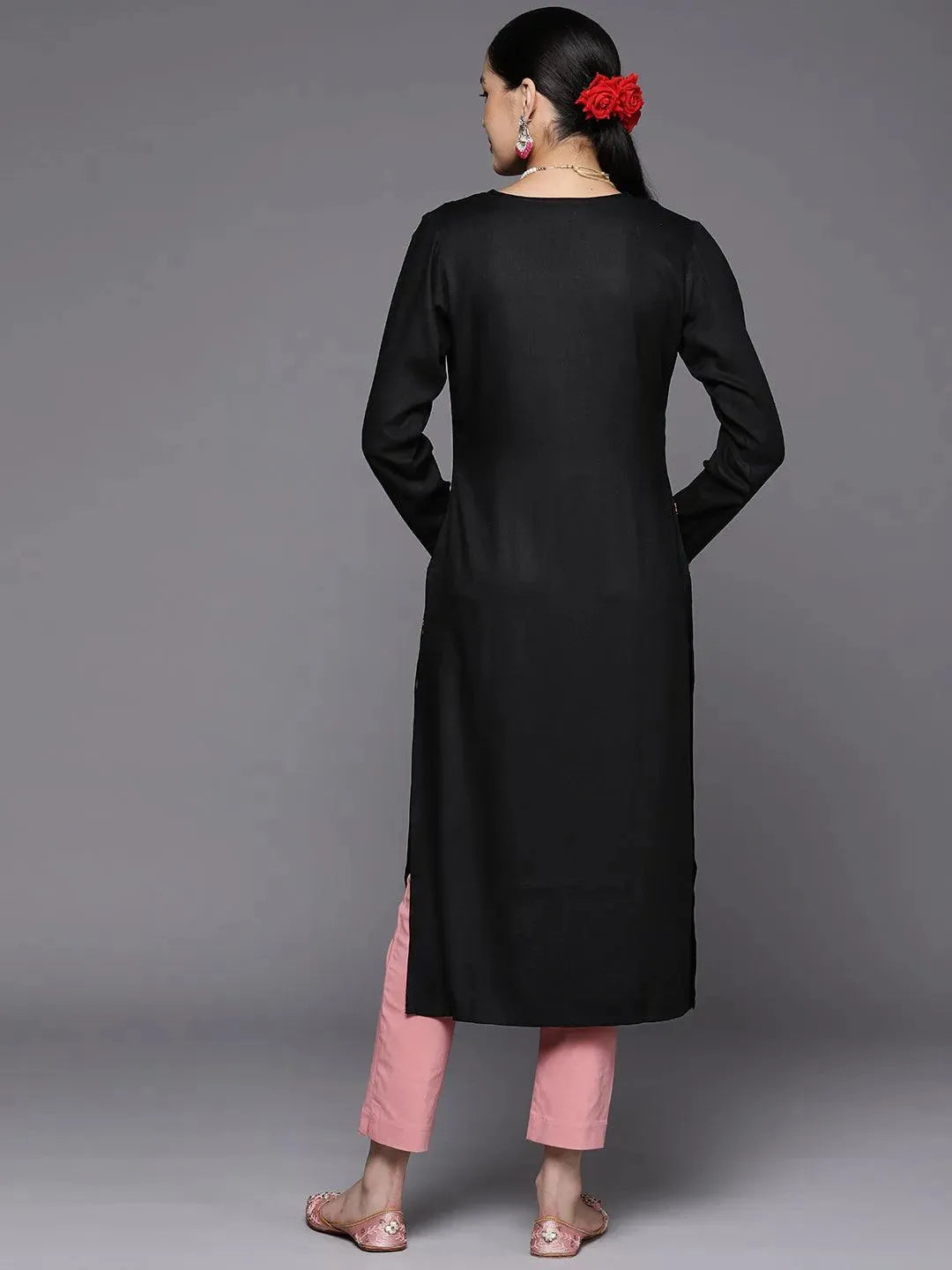 Black Yoke Design Wool Straight Kurta - Libas 