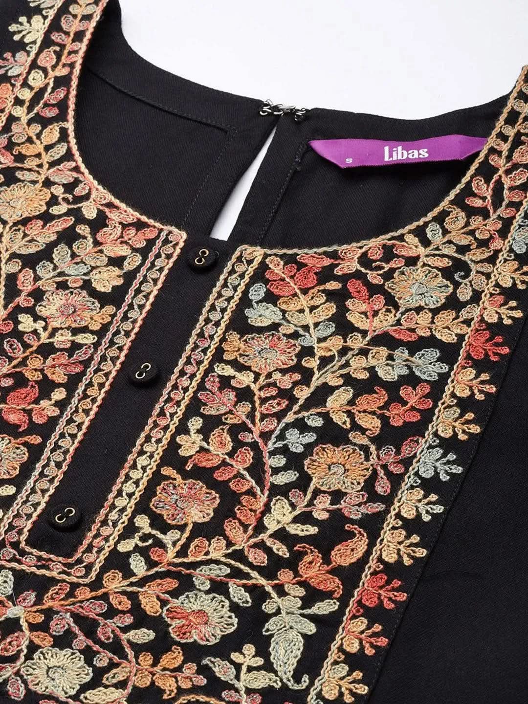 Black Yoke Design Wool Straight Kurta - Libas 