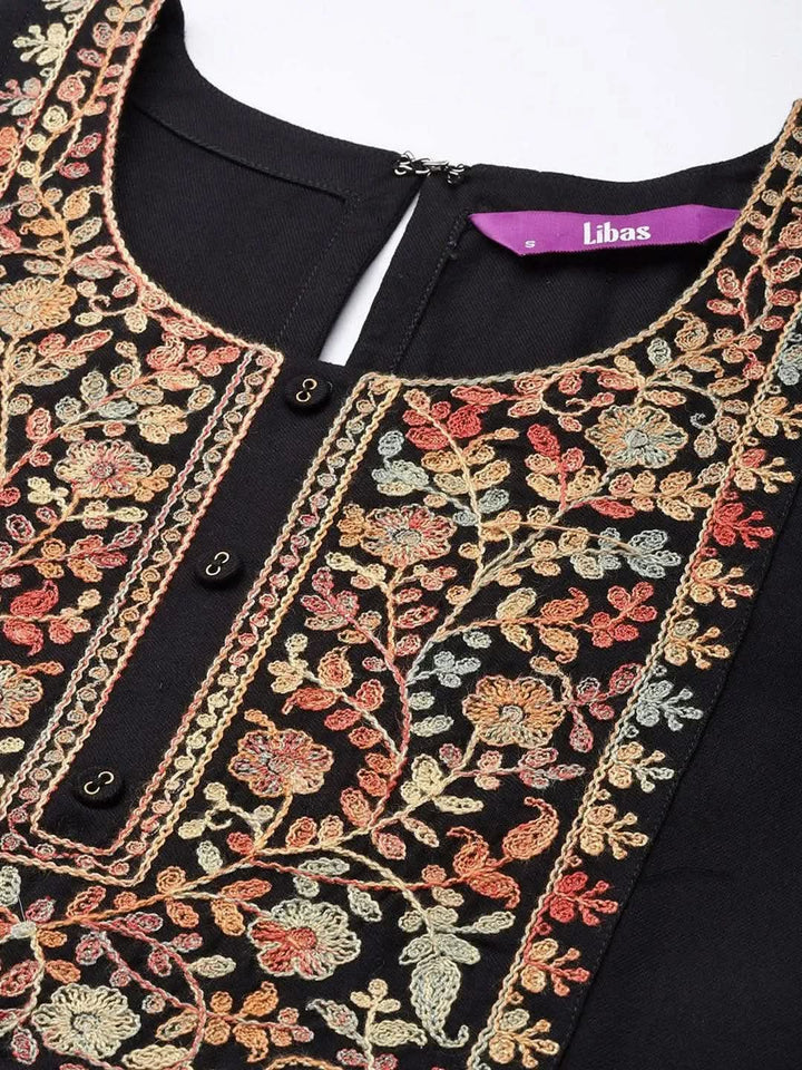 Black Yoke Design Wool Straight Kurta - Libas