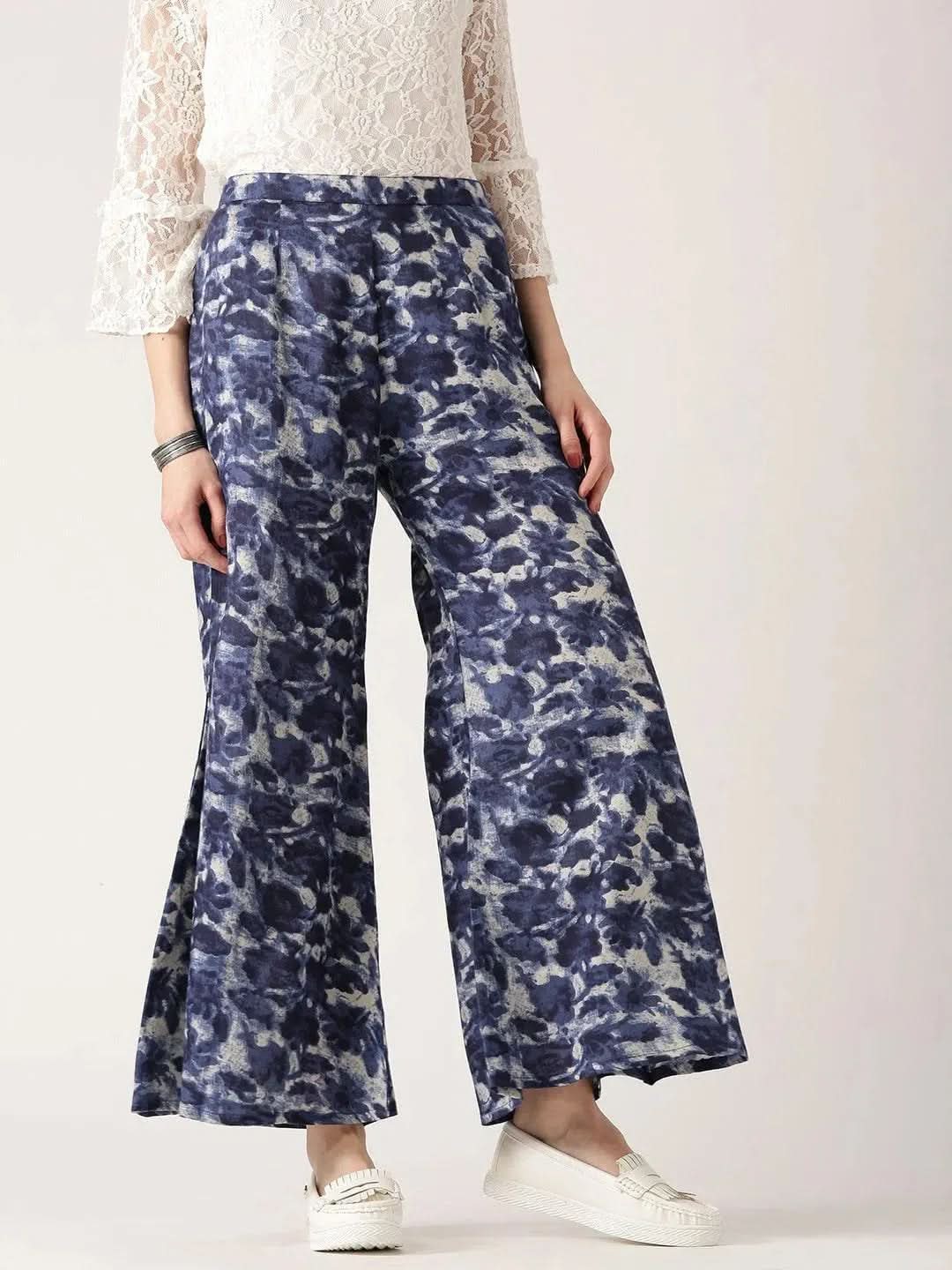 Blue Abstract Cotton Palazzos - Libas 