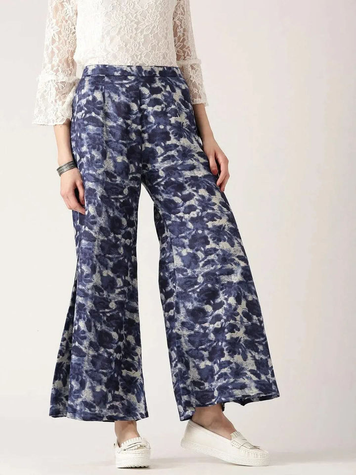 Blue Abstract Cotton Palazzos - Libas