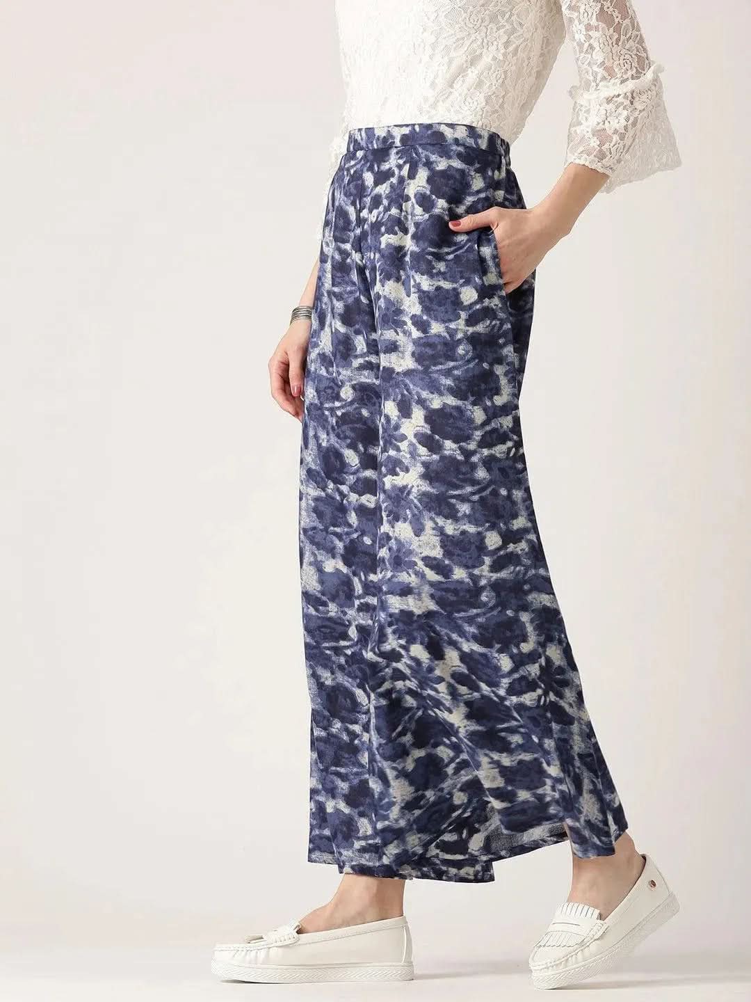 Blue Abstract Cotton Palazzos - Libas 