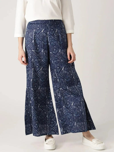 Blue Abstract Cotton Palazzos - Libas