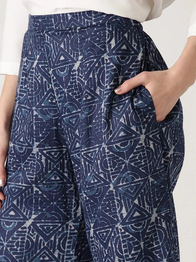 Blue Abstract Cotton Palazzos - Libas