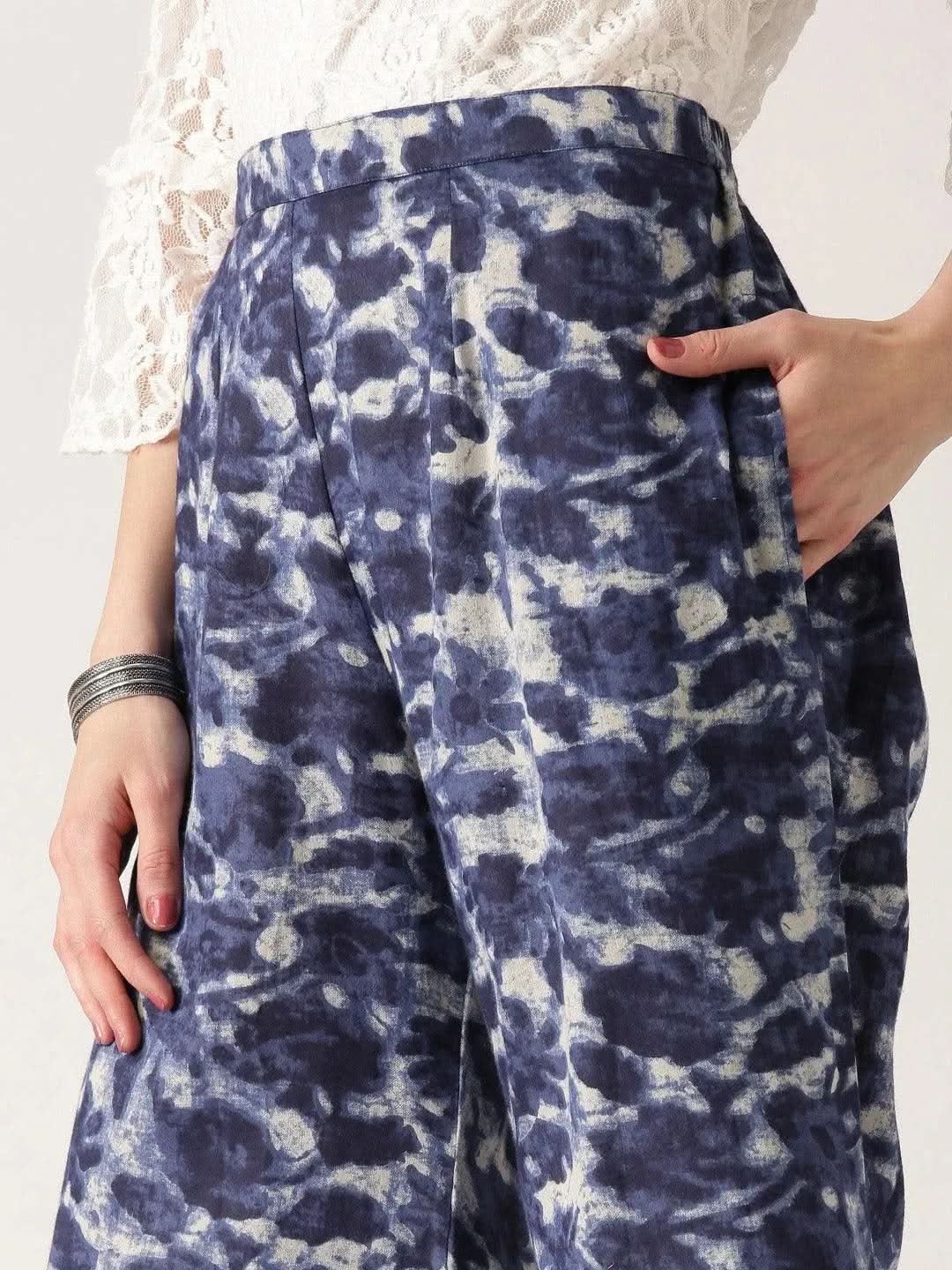 Blue Abstract Cotton Palazzos - Libas 