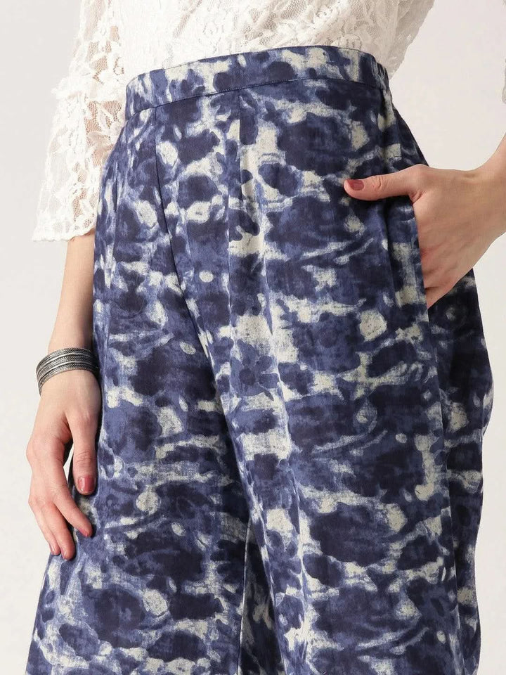 Blue Abstract Cotton Palazzos - Libas
