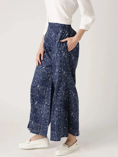 Blue Abstract Cotton Palazzos - Libas