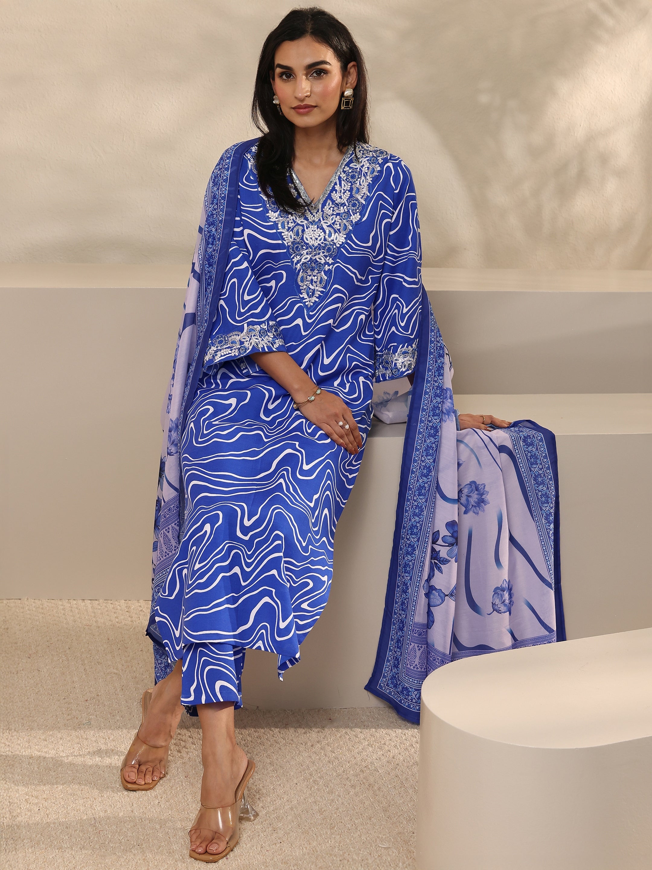 libas Blue Abstract Printed Cotton Blend Straight Suit Set With Dupatta-picture-20