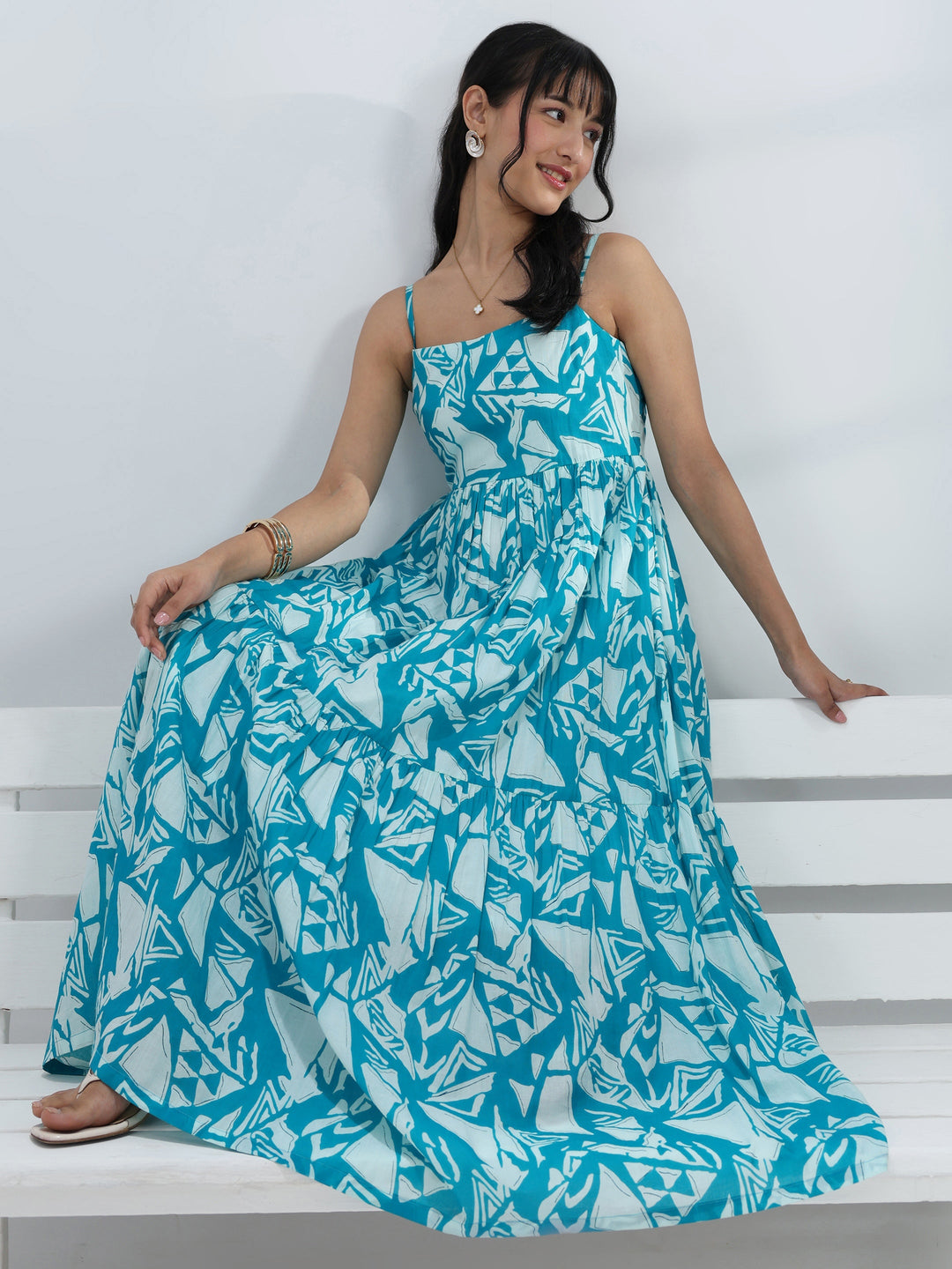 Blue Abstract Printed  Cotton One-Piece Dress 