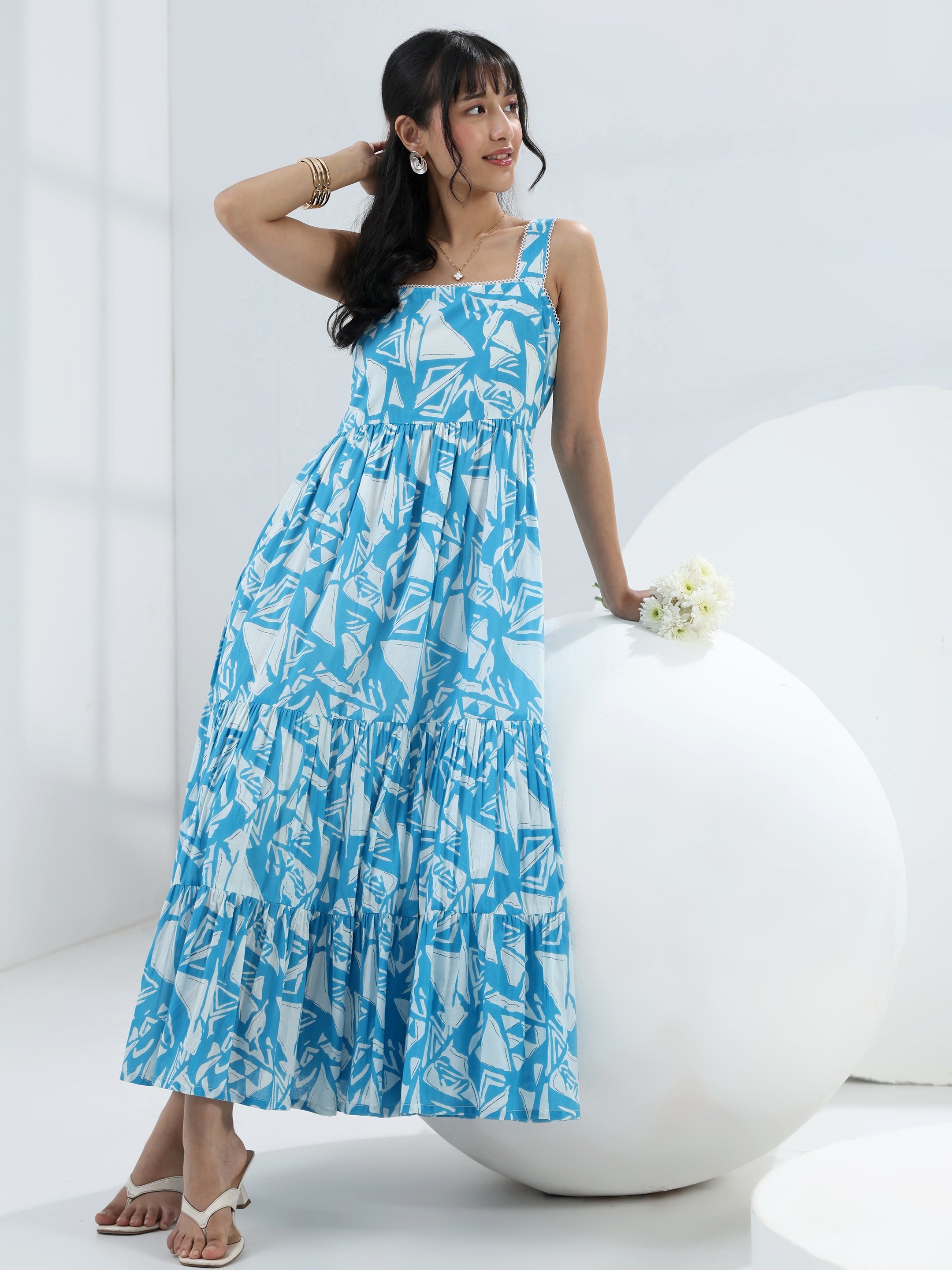 libas Blue Abstract Printed Cotton One-Piece Tiered Dress-picture-62