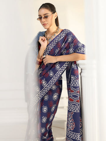 Blue Floral Dabu Print Cotton Saree