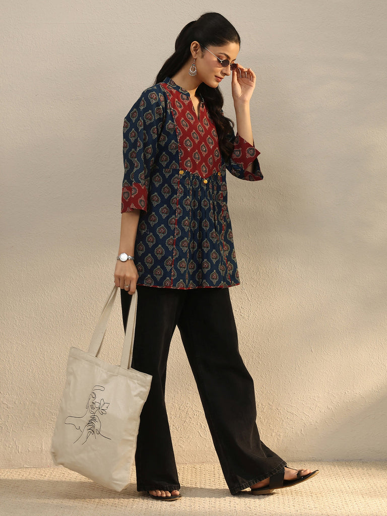 Libas Blue Ajarkh Printed Cotton A-Line Short Kurti